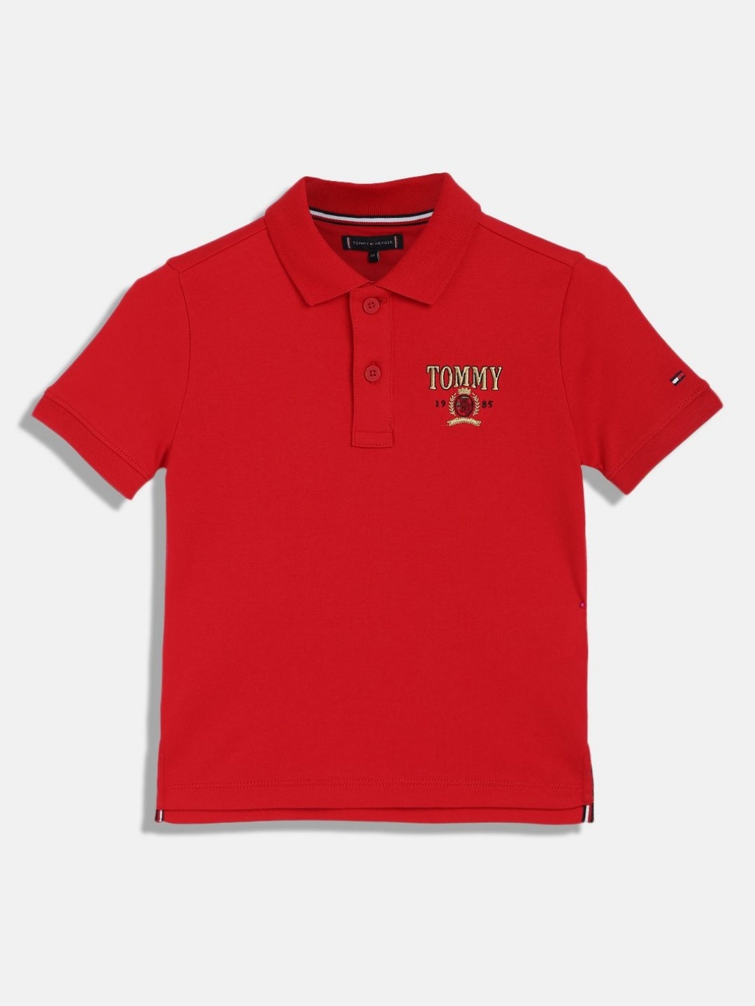 

Tommy Hilfiger Boys Typography Printed Polo Collar Cotton T-shirt, Red