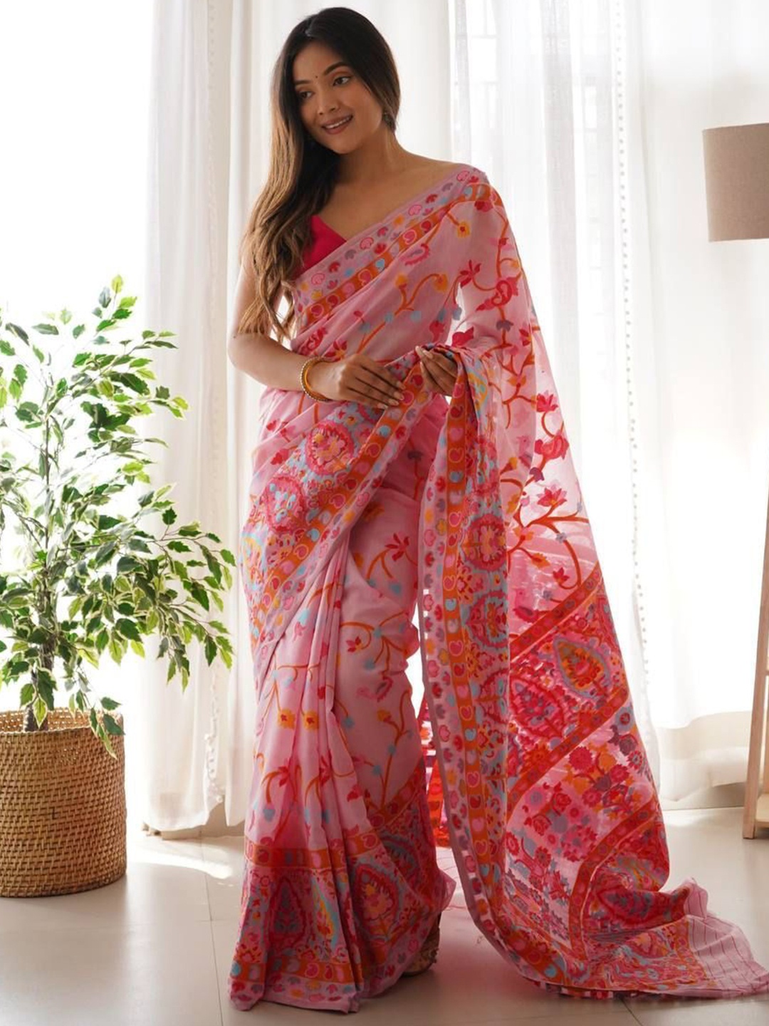

KALINI Ethnic Motifs Zari Silk Blend Banarasi Saree, Pink