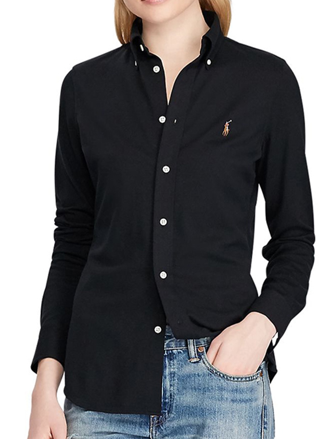 

Polo Ralph Lauren Women Button-Down Collar Solid Cotton Casual Shirt, Black