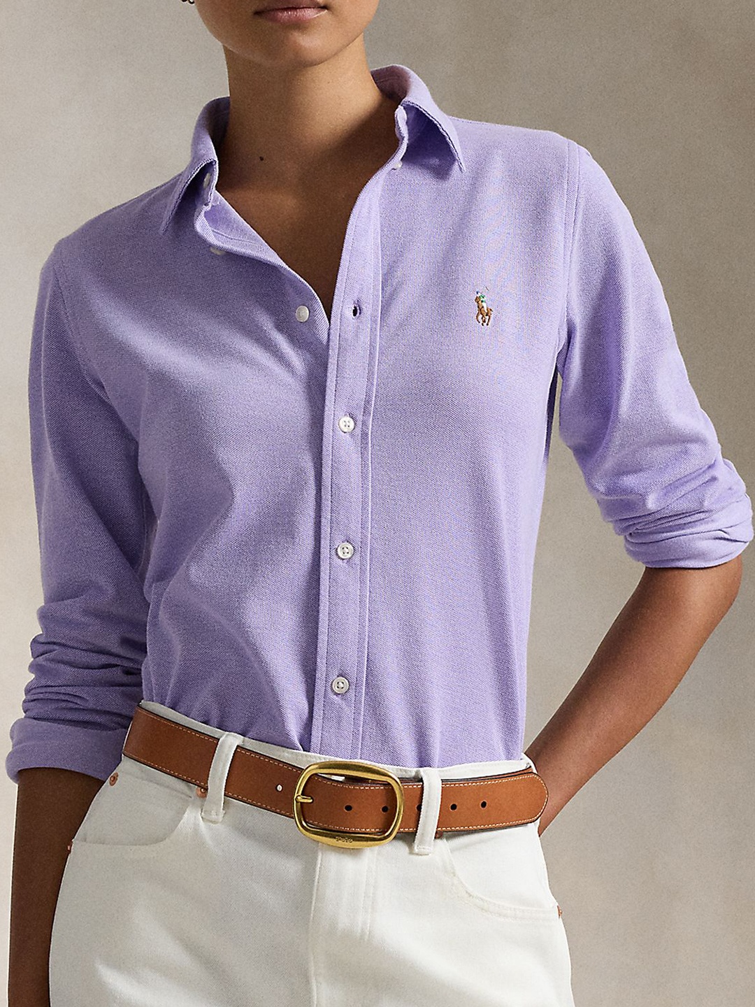 

Polo Ralph Lauren Women Button-Down Collar Solid Cotton Casual Shirt, Purple