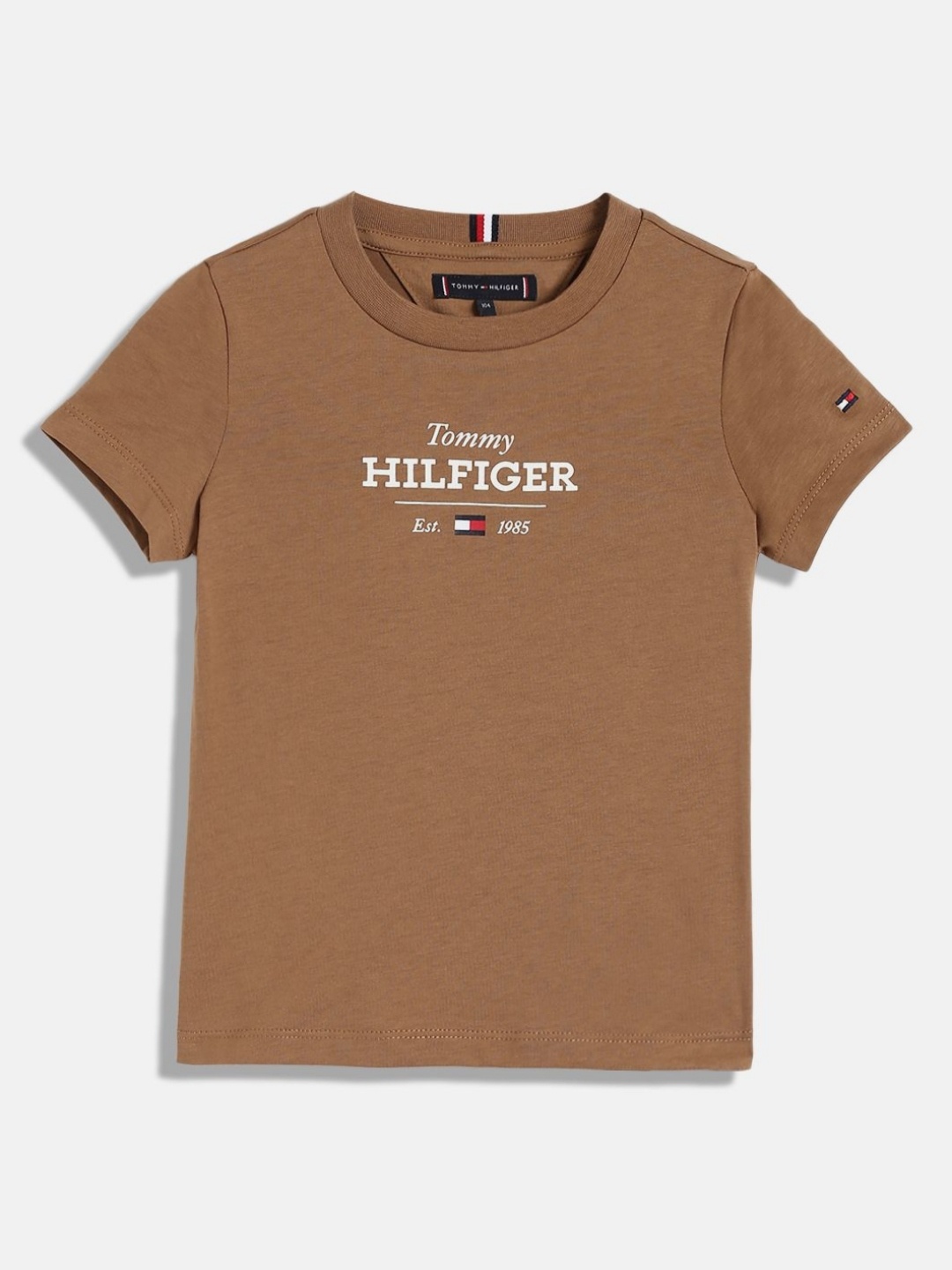 Tommy Hilfiger Boys Typography Printed Round Neck Cotton T-shirt, Brown