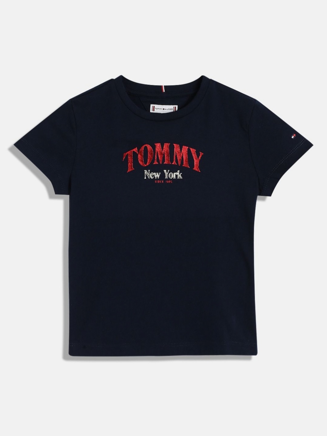 

Tommy Hilfiger Girls Typography Printed Round Neck Cotton T-shirt, Navy blue