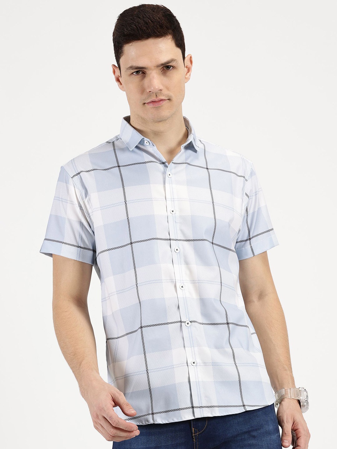 

RAVINIK Men Classic Spread Collar Checked Cotton Casual Shirt, Grey