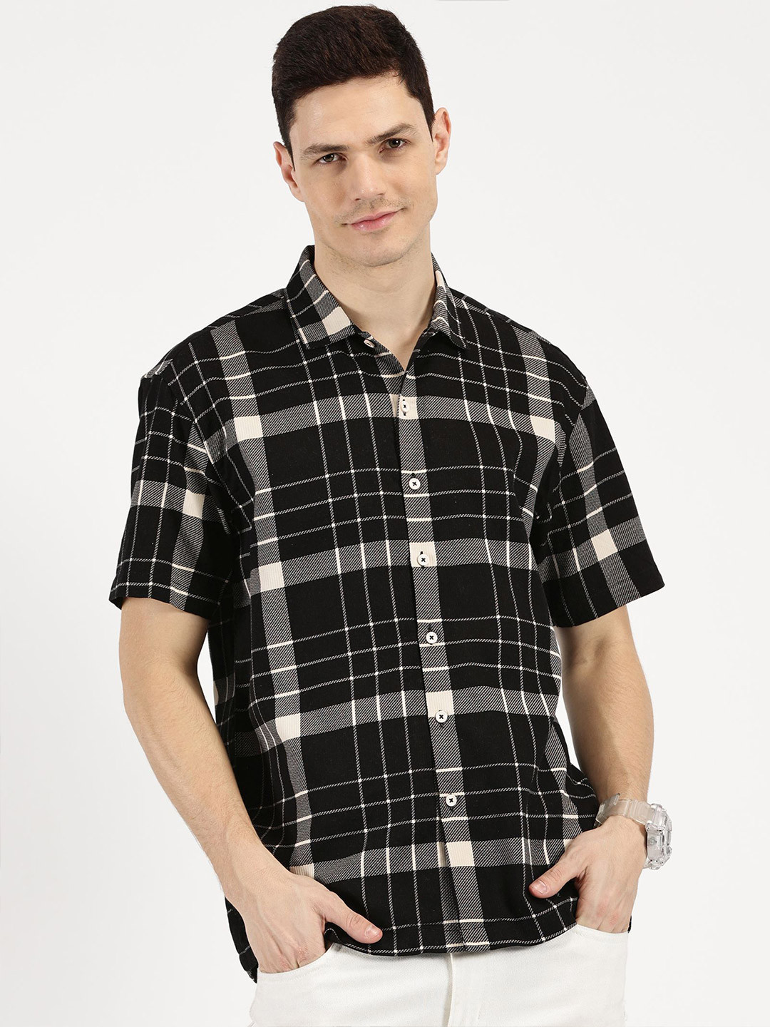 

RAVINIK Men Classic Spread Collar Multi Striped Cotton Casual Shirt, Black