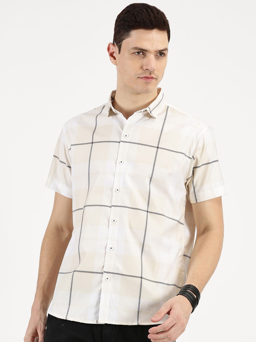 

RAVINIK Men Classic Fit Spread Collar Checked Cotton Casual Shirt, White