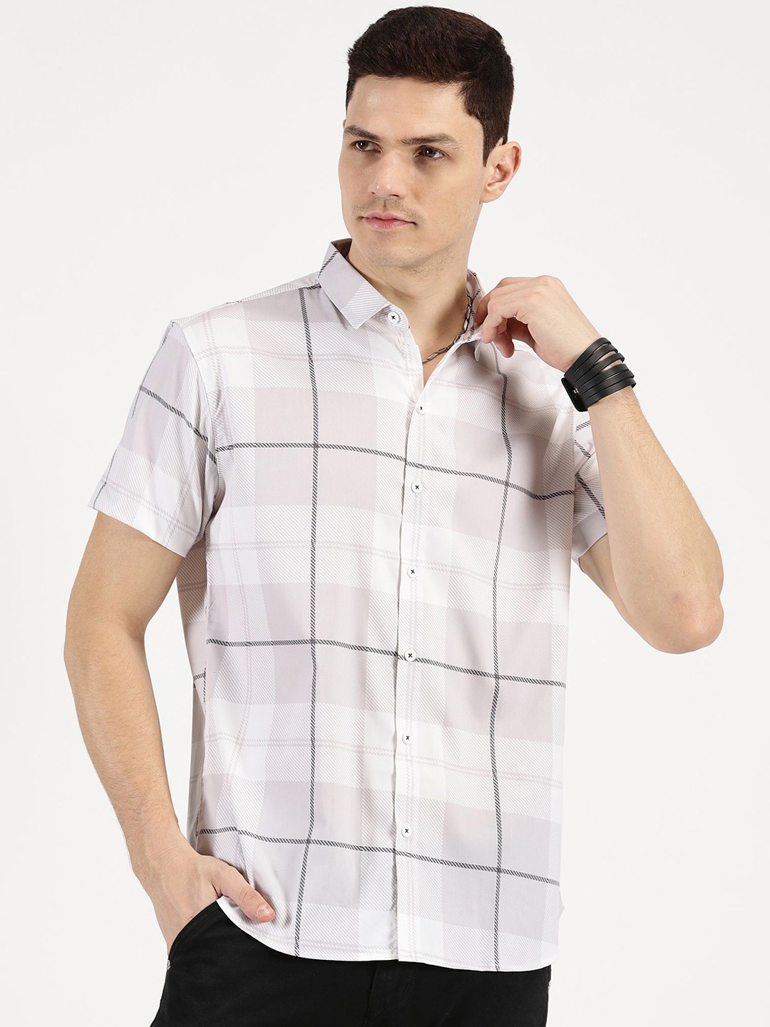 

RAVINIK Men Classic Spread Collar Checked Cotton Casual Shirt, Beige
