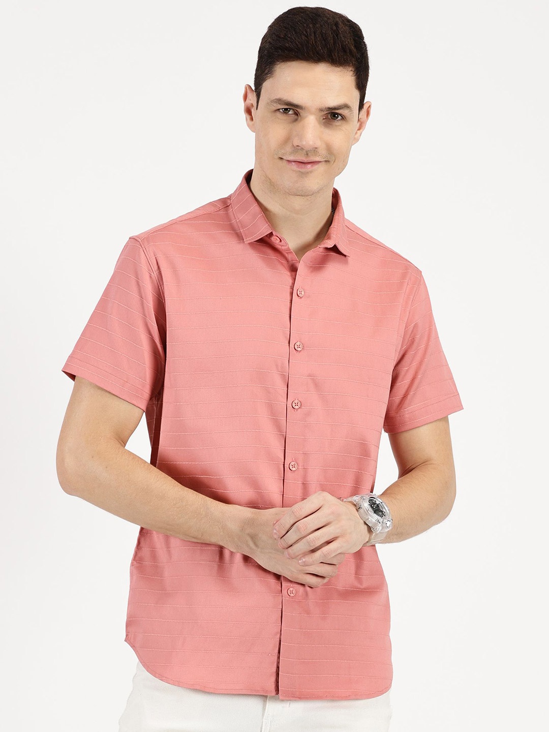 

RAVINIK Men Classic Spread Collar Textured Cotton Casual Shirt, Pink