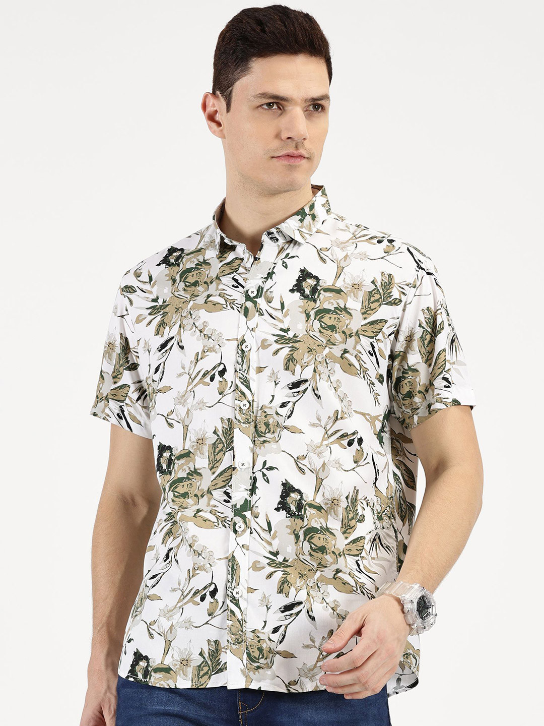 

RAVINIK Men Classic Spread Collar Floral Printed Cotton Casual Shirt, Off white