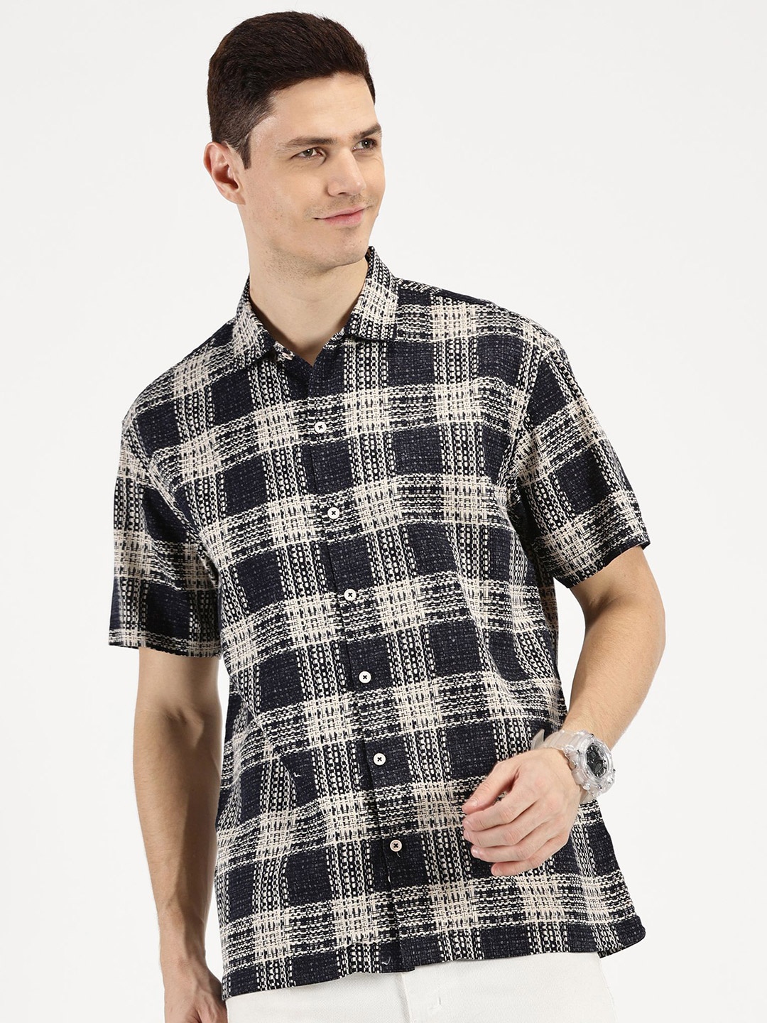 

RAVINIK Men Classic Relaxed Fit Spread Collar Checked Cotton Casual Shirt, Black