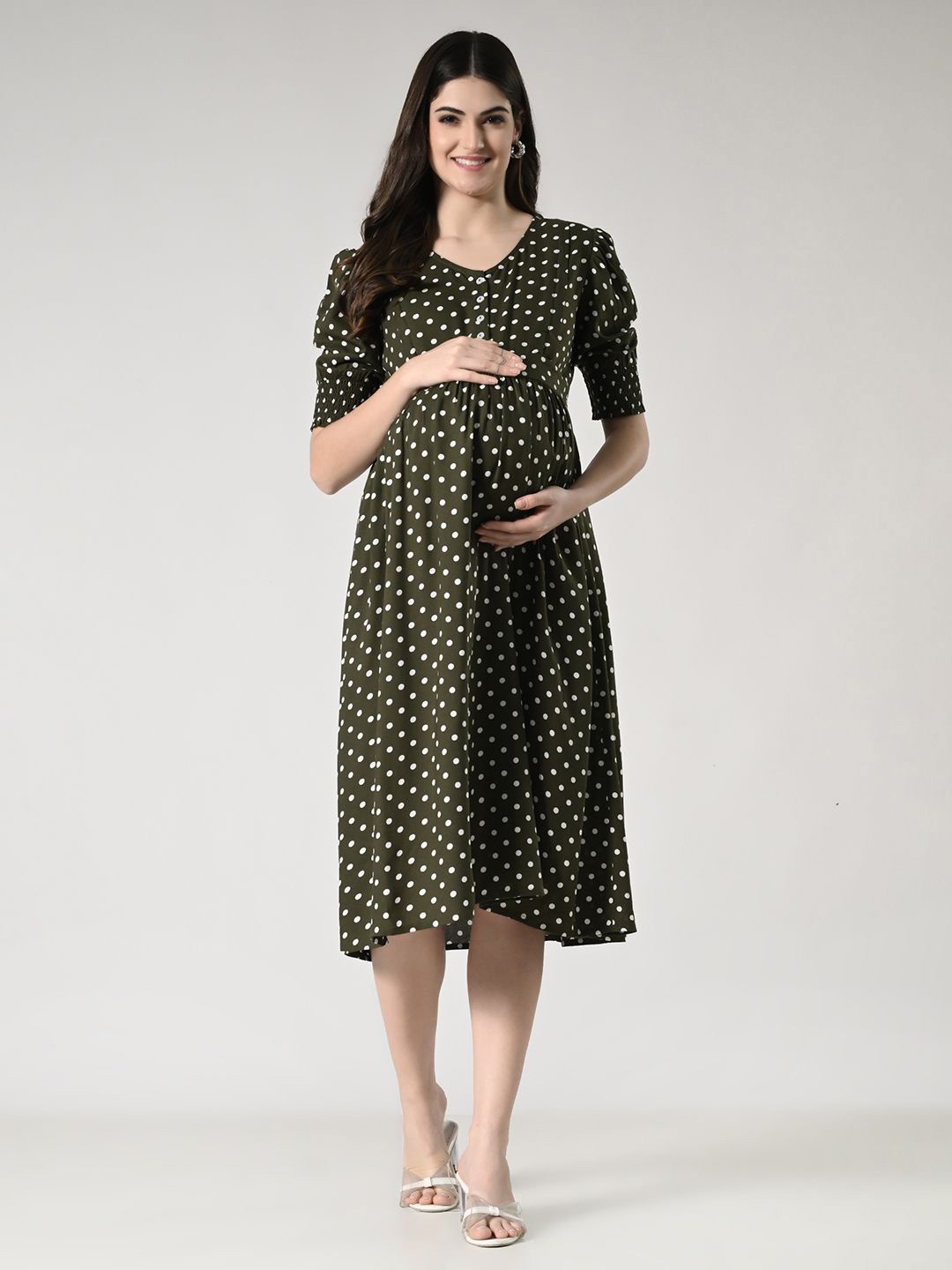 

Aaruvi Ruchi Verma Women Polka Dot Printed Empire Midi maternity dress, Olive