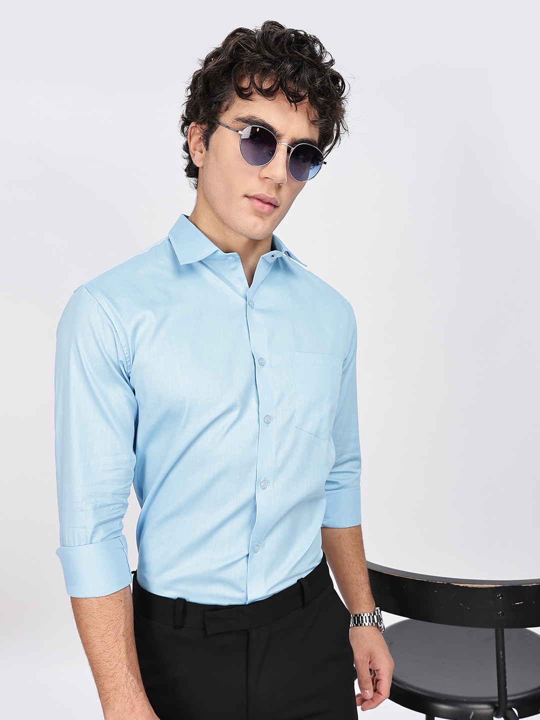 

BRUTTLYN Men Classic Spread Collar Solid Cotton Formal Shirt, Turquoise blue