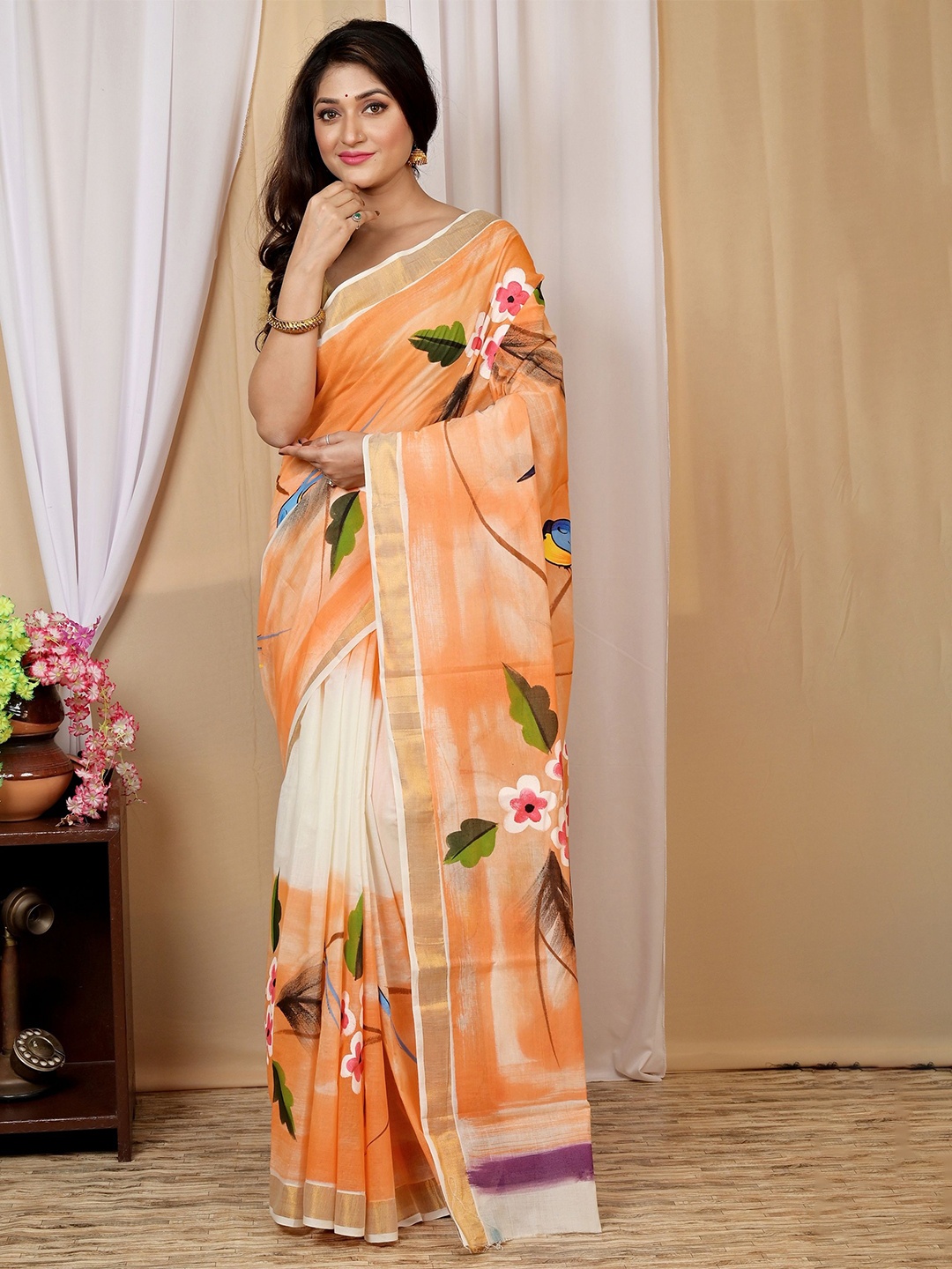 

DipDiya Floral Zari Handloom Taant Saree, Orange