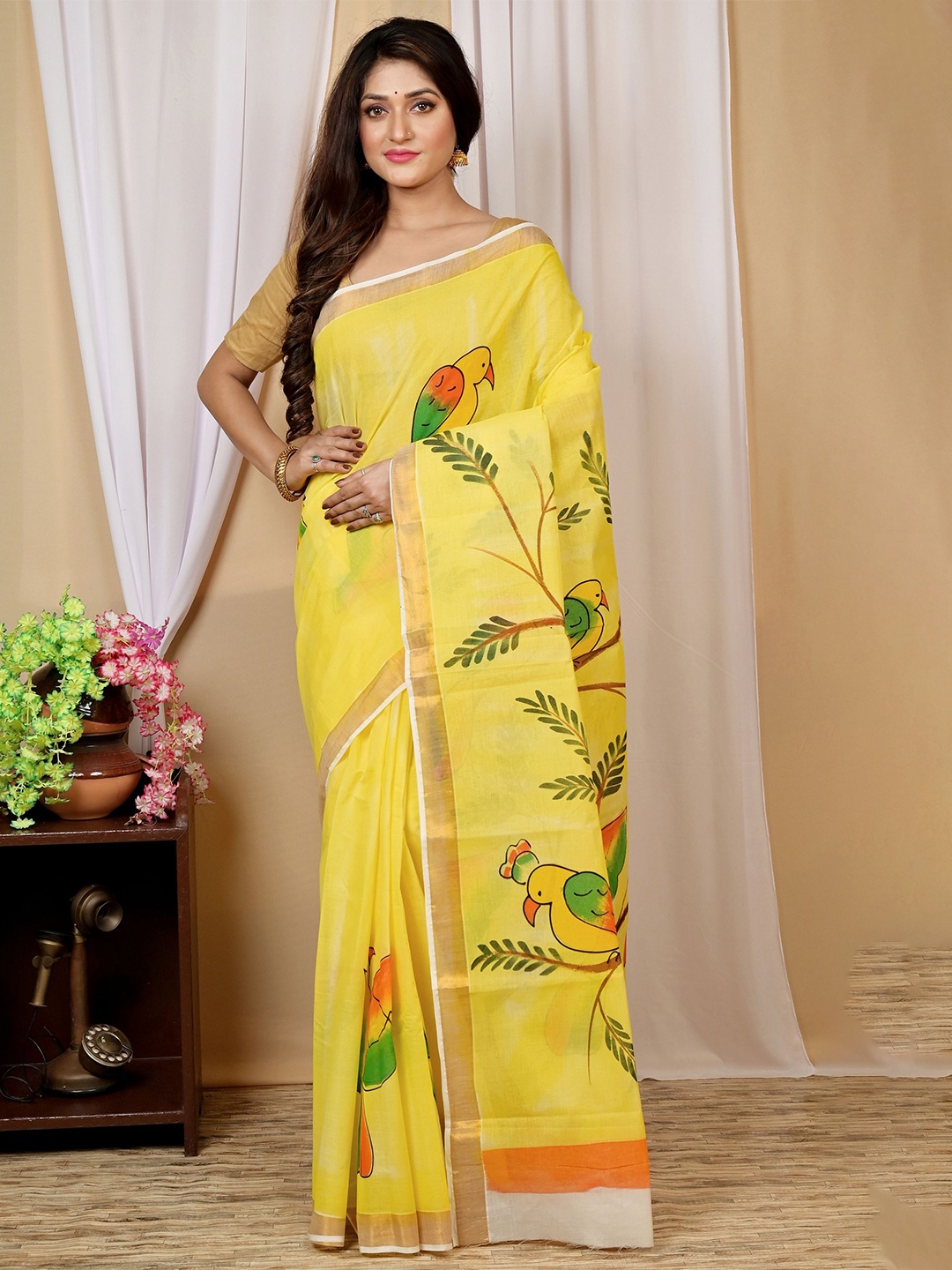 

DipDiya Bengali Hand Painted Taant Saree, Yellow