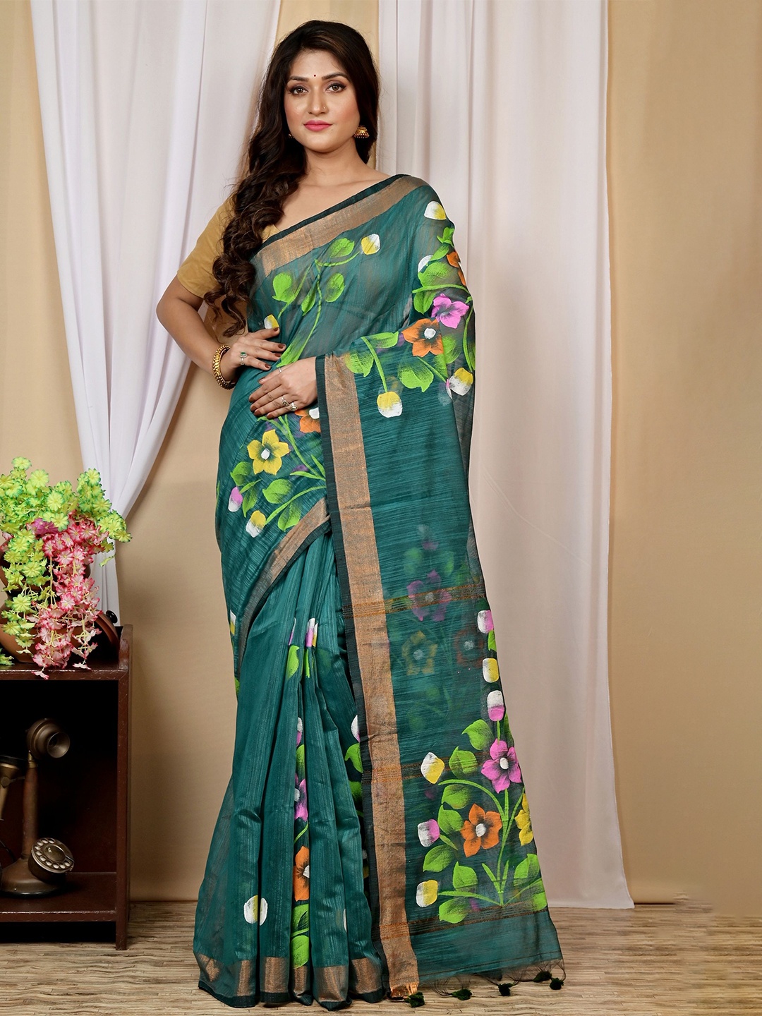 

DipDiya Floral Zari Taant Saree, Green