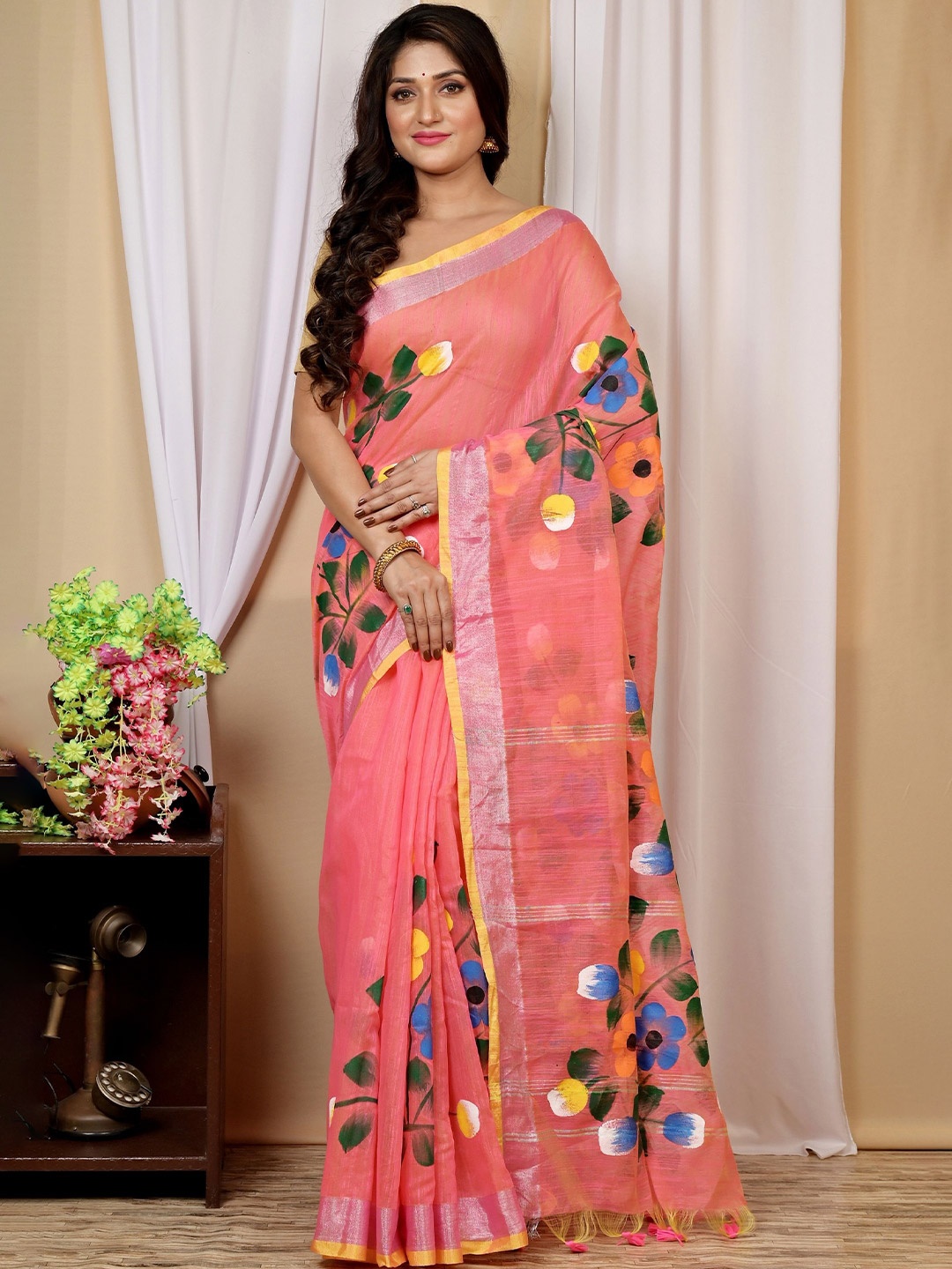 

DipDiya Floral Handloom Taant Saree, Peach