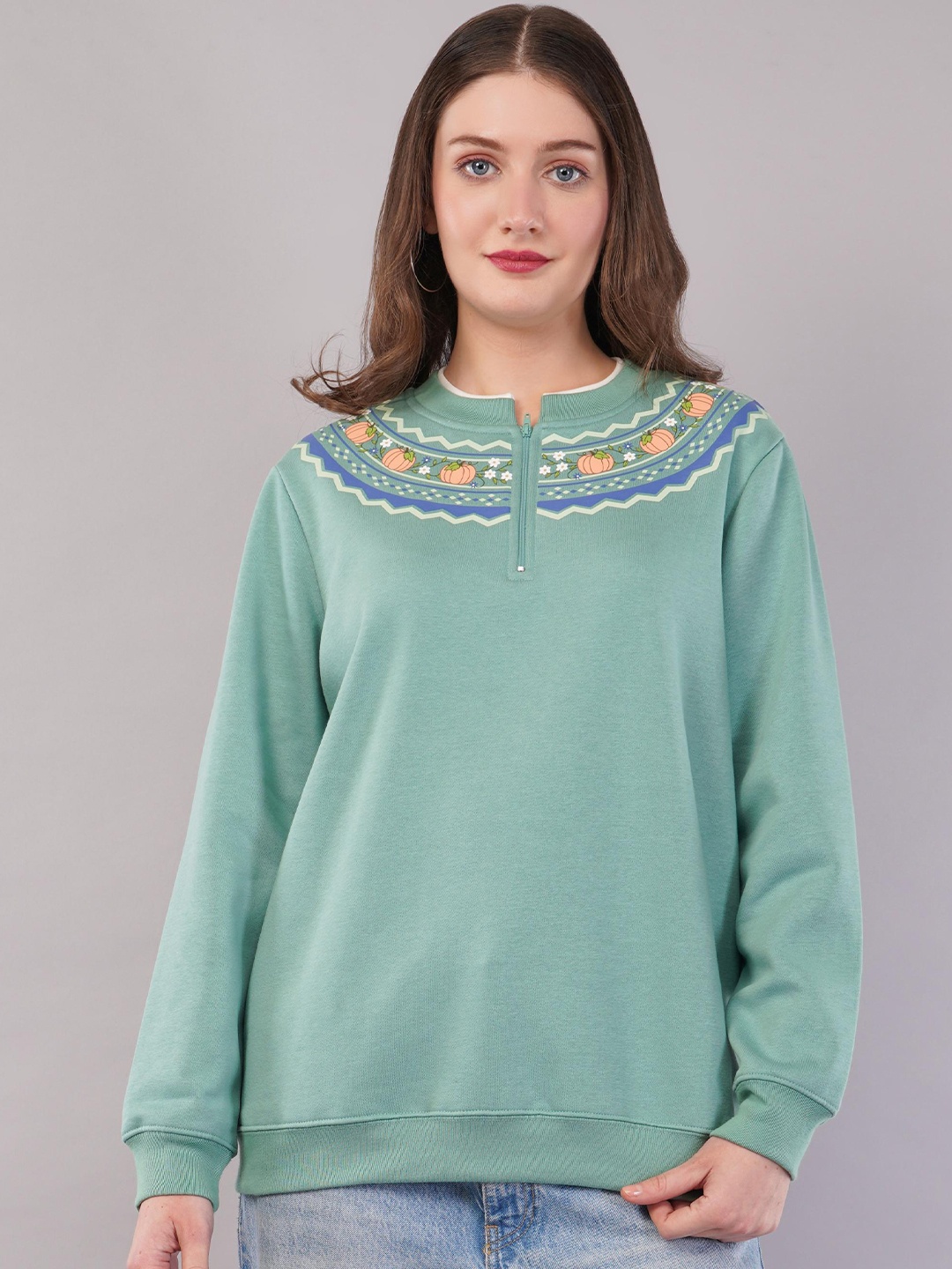

Nimble Women Floral Printed Pure Cotton Sweatshirt, Green