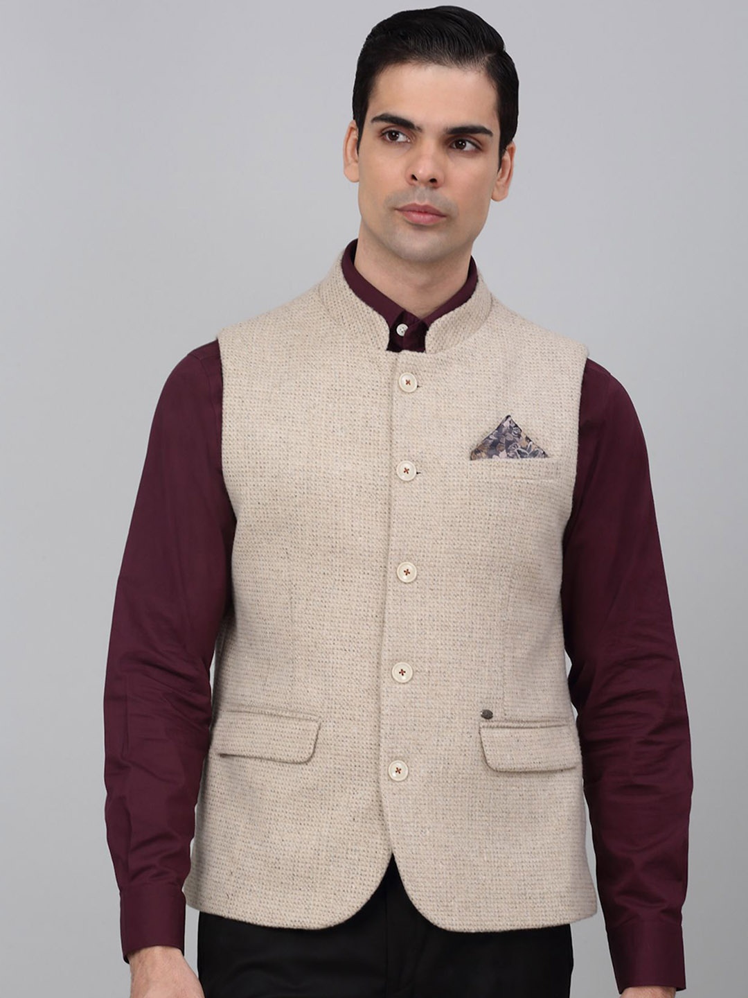 

Cantabil Self Design Mandarin Collar Nehru Jacket, Beige