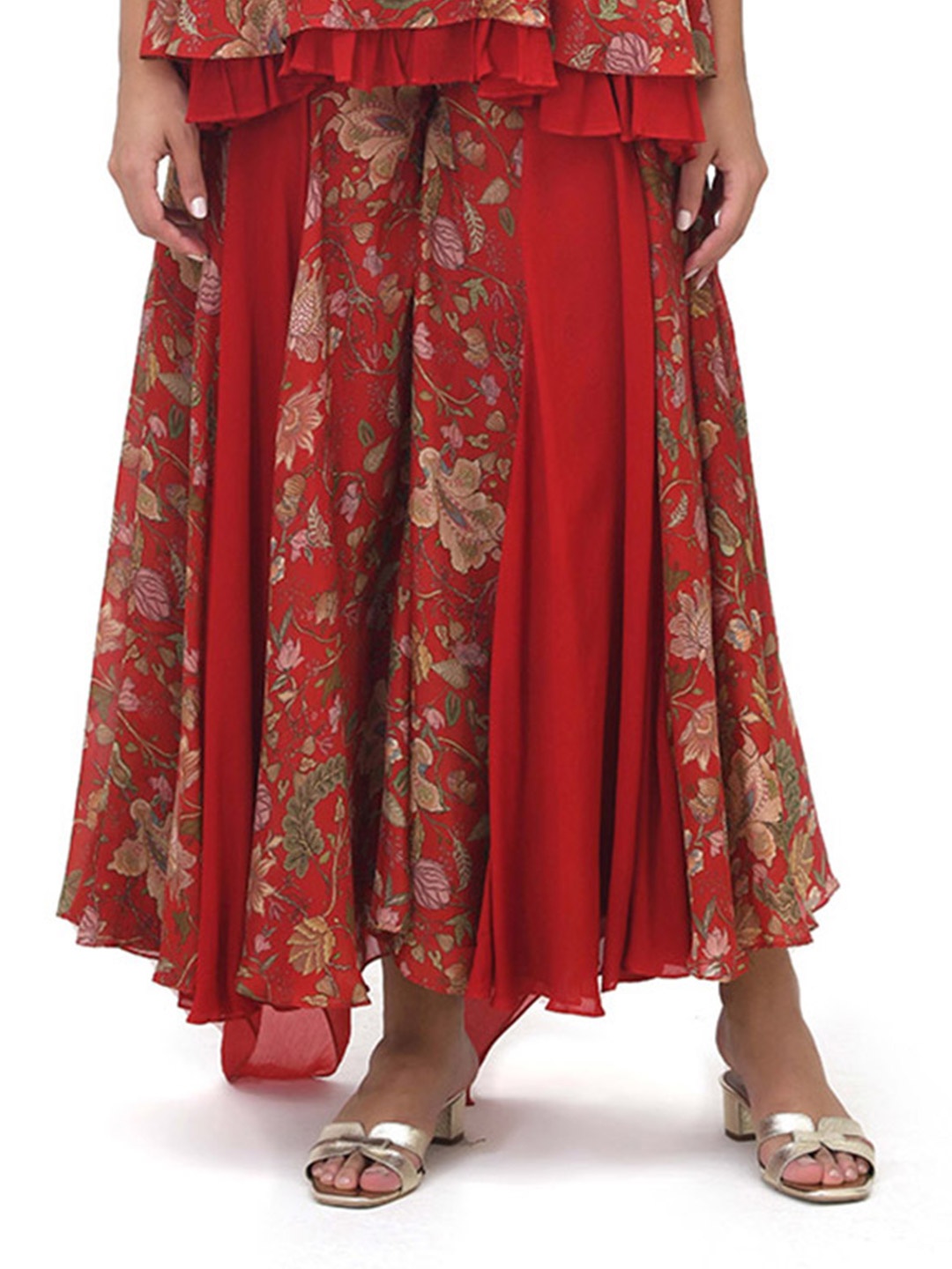 

Label Naariti Women Floral Embroidered Flared Chiffon Palazzos, Red