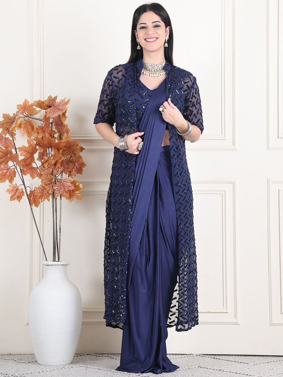 

Mitera Sequinned Ready to Wear Saree, Navy blue