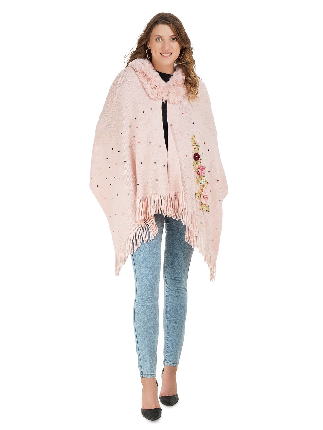 

Stole & Yarn Women Floral Embroidery Fur Collar Poncho, Pink