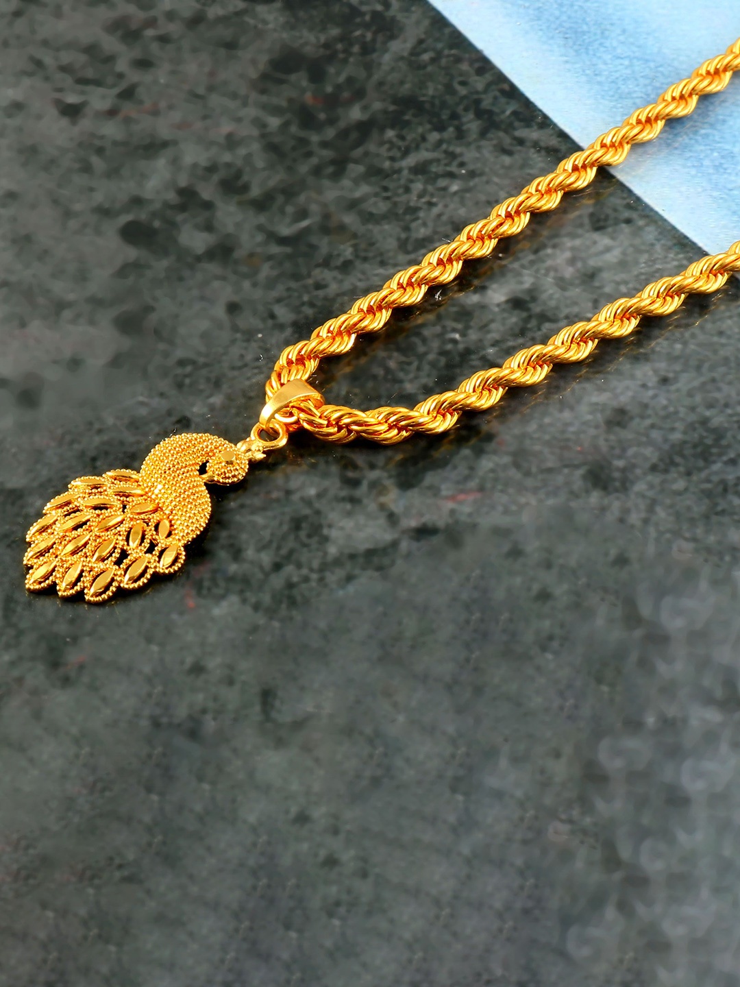 

Jewar Mandi Gold-Plated Peacock Shaped Pendant with Chain