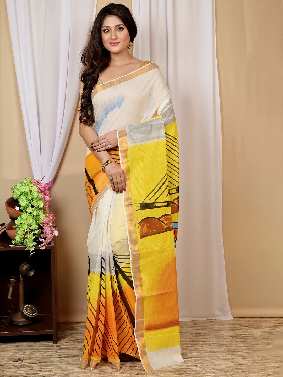 

PuJoy Women Printed Taant Saree, Grey