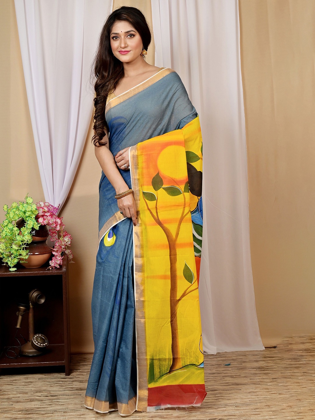 

PuJoy Traditional Bengali Taant Saree, Yellow