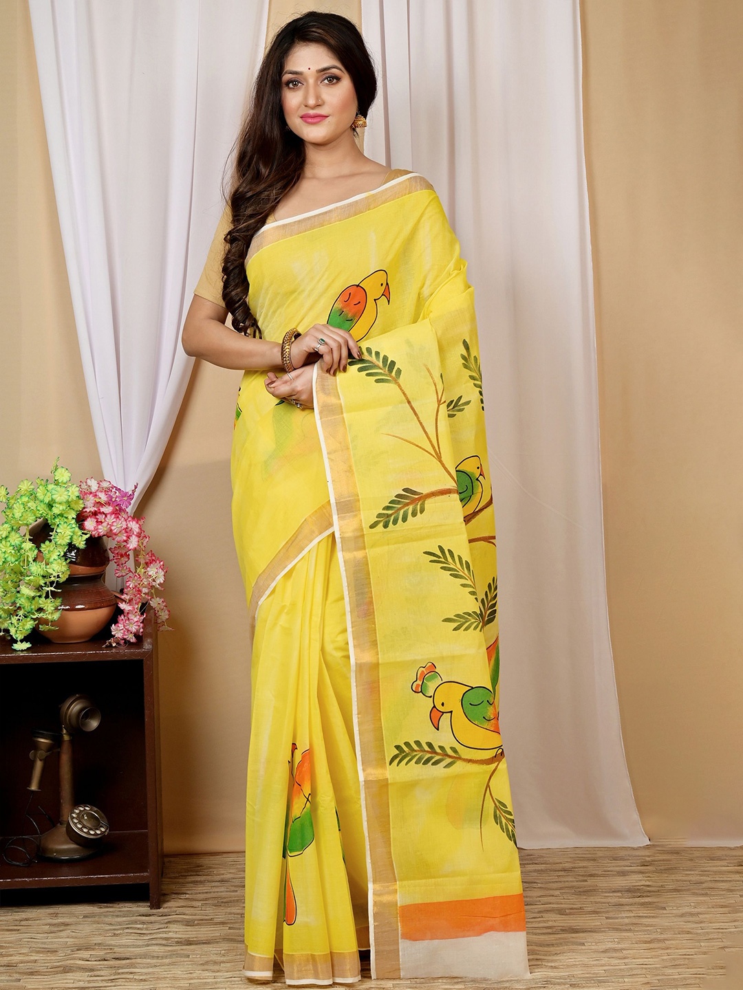 

PuJoy Ethnic Motifs Zari Taant Saree, Yellow