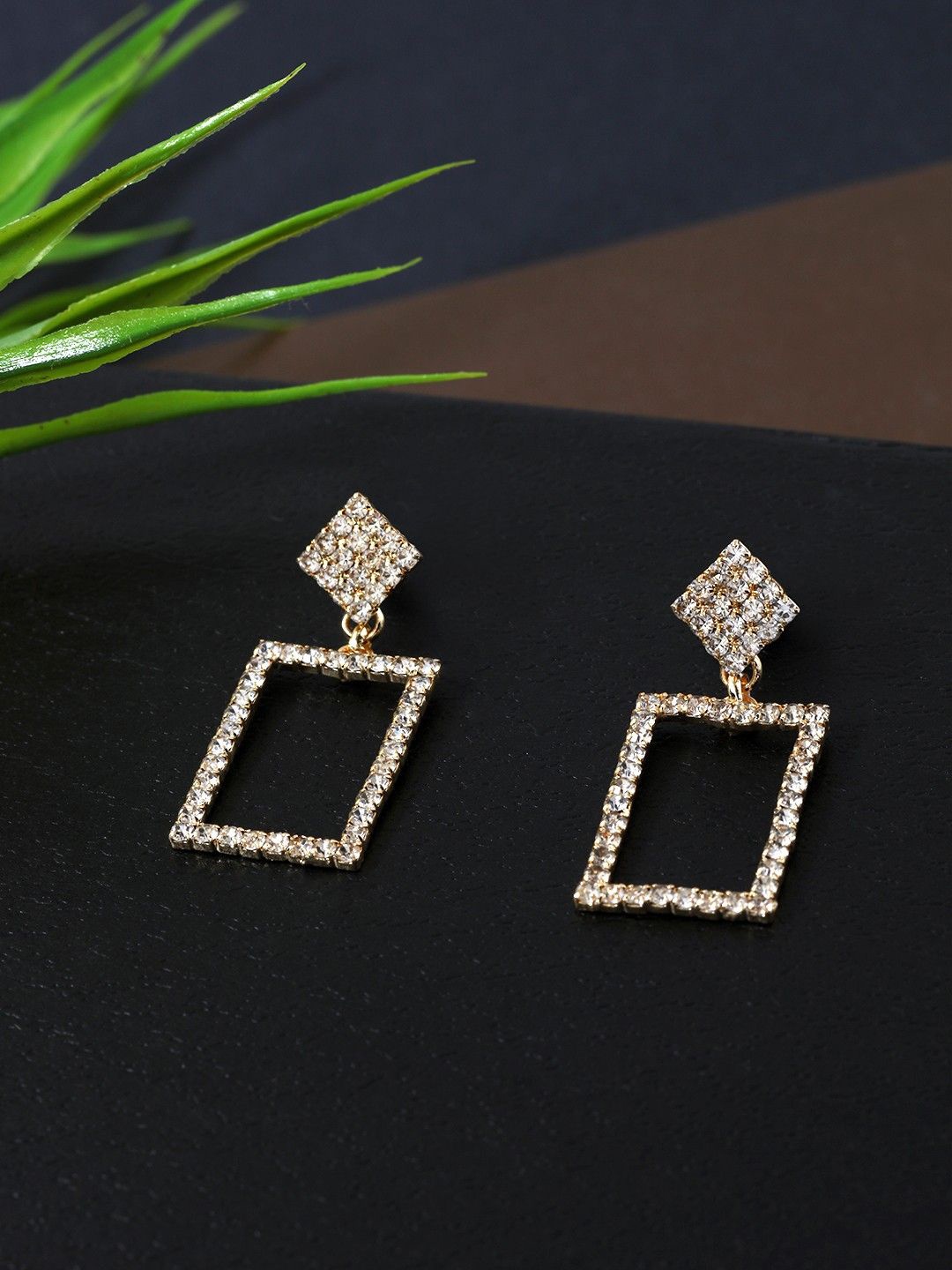 

DressBerry Gold-Plated Rhinestone Studded Geometric Shaped Drop Earrings