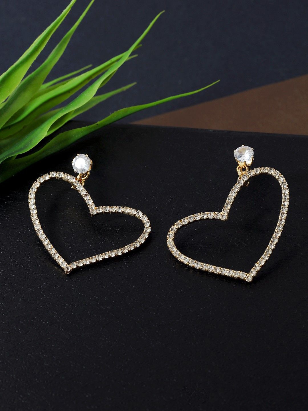 

DressBerry Gold-Plated Rhinestone Studded Heart Shaped Hoop Earrings