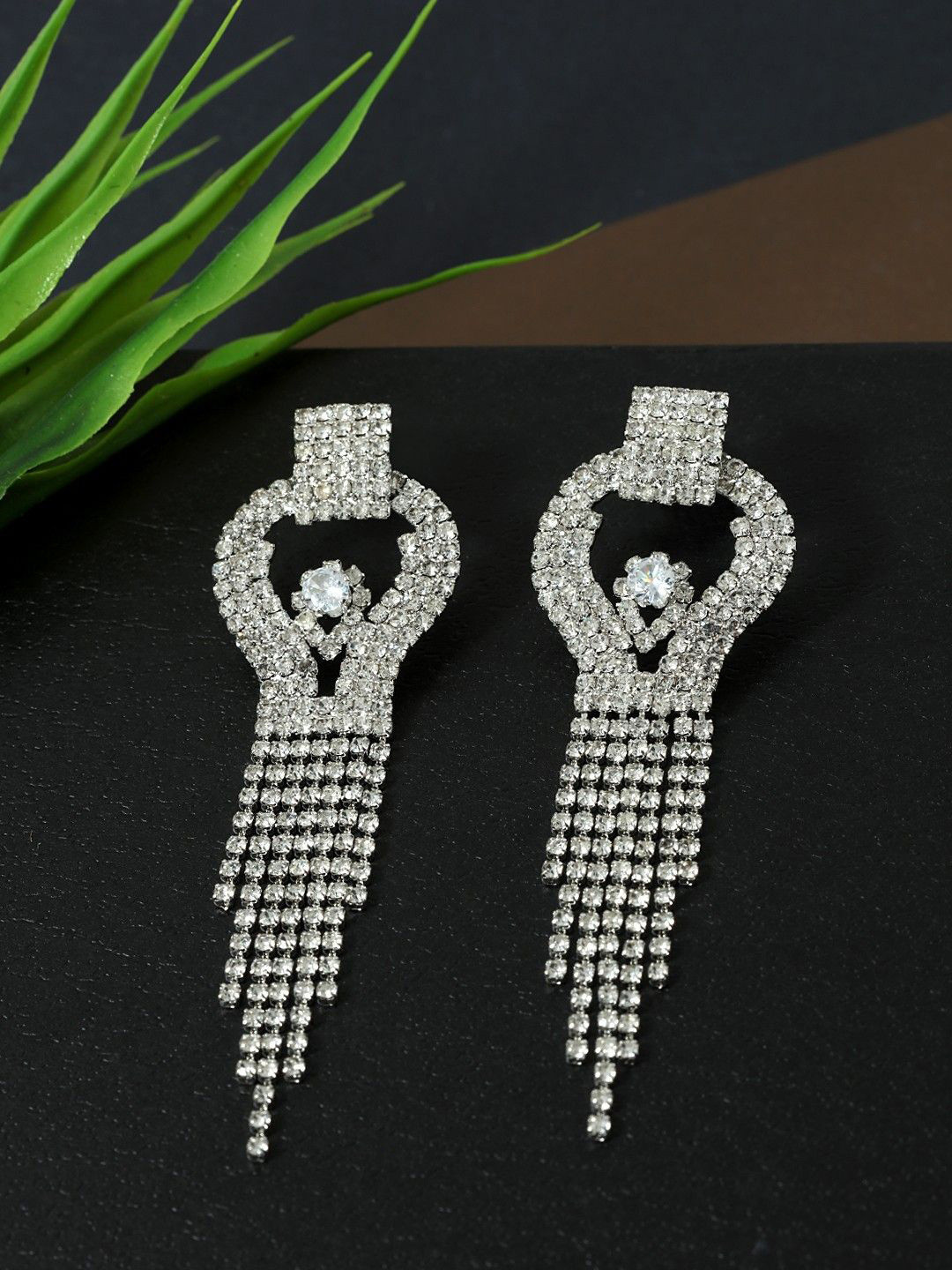 

DressBerry Silver-Plated Rhinestones Studded Contemporary Shaped Tasselled Drop Earrings