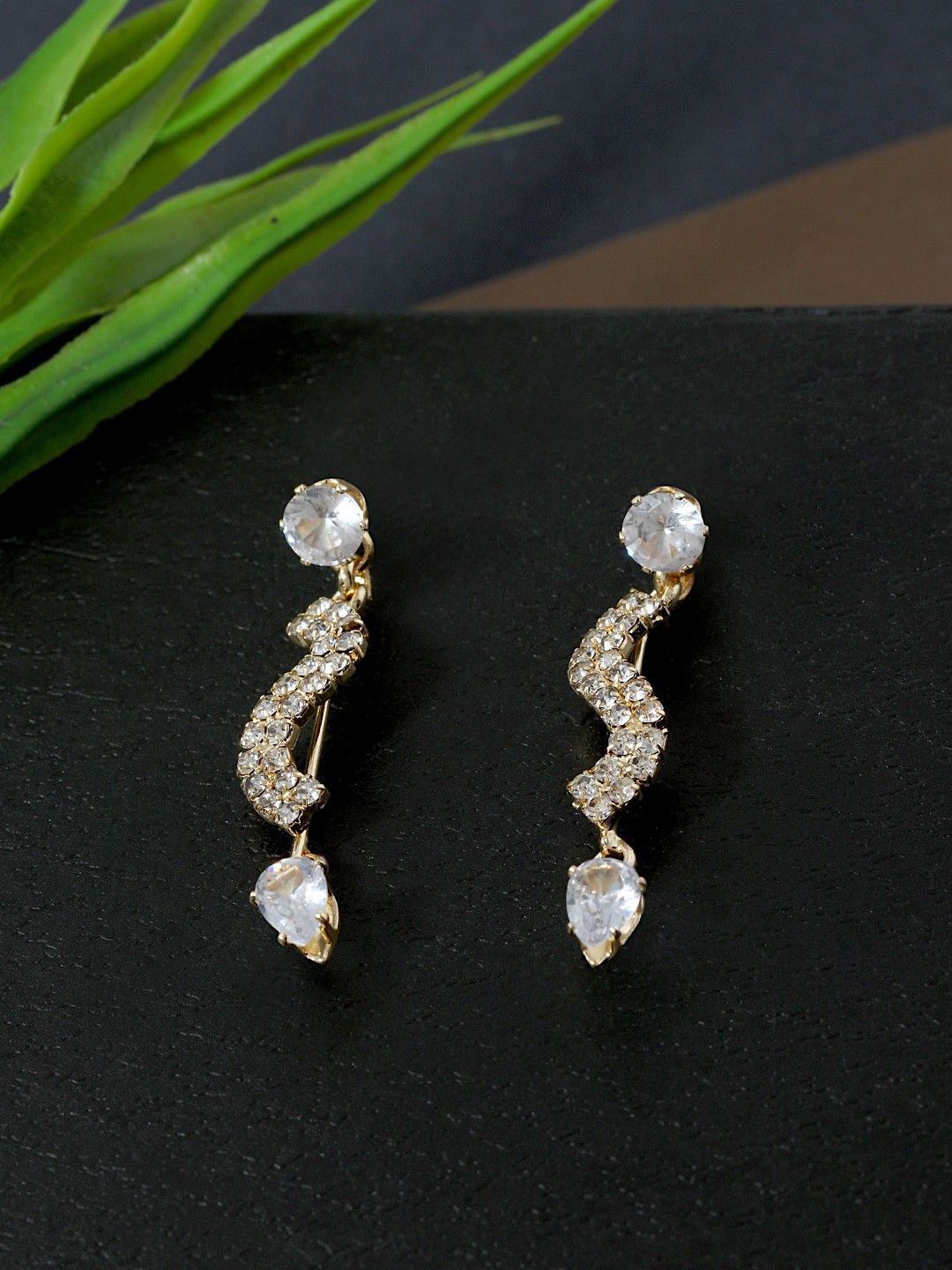 

DressBerry Gold-Plated Rhinestone Studded Contemporary Shaped Drop Earrings