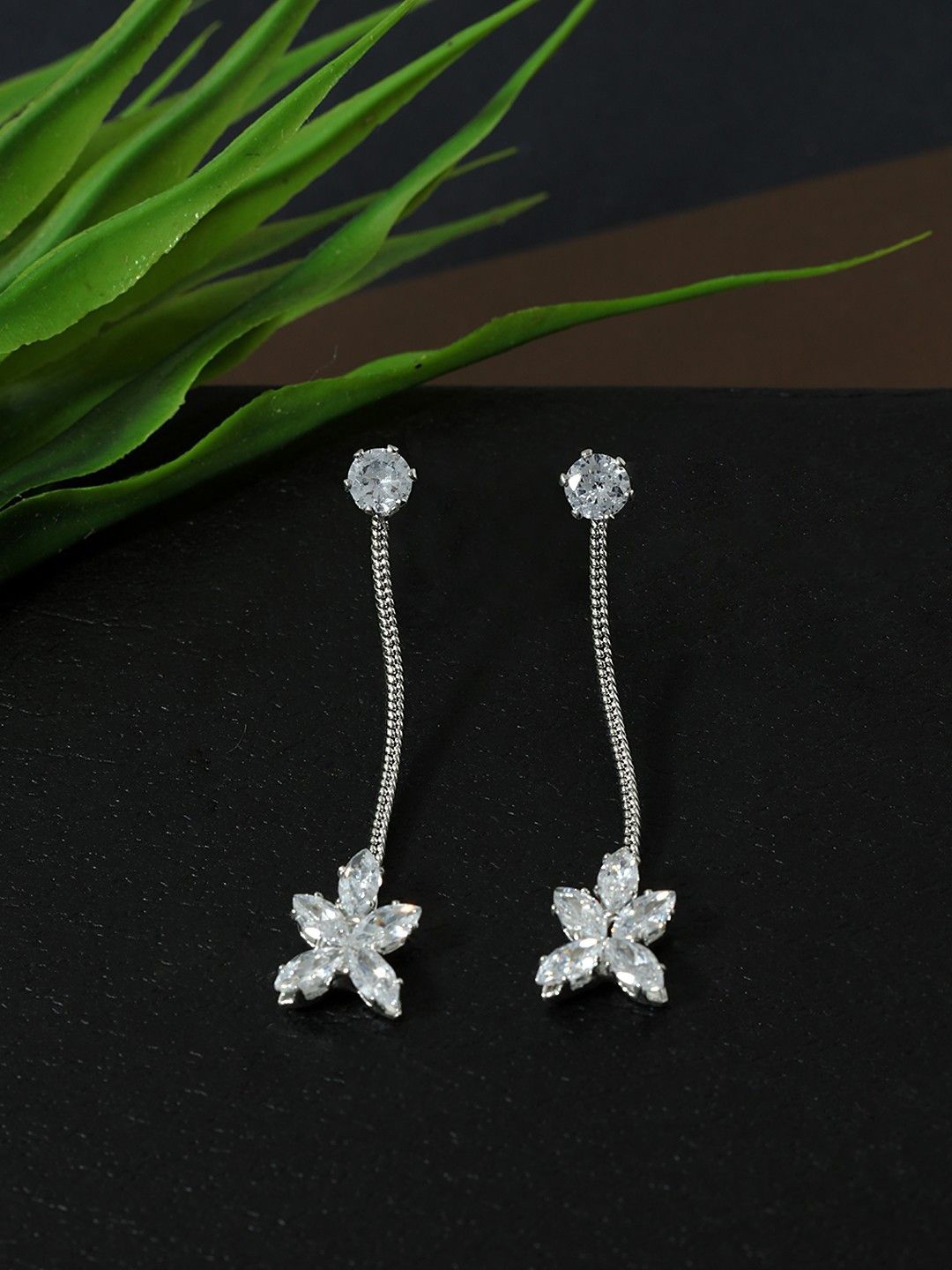 

DressBerry Silver-Plated Rhinestone Studded Floral Shaped Drop Earrings