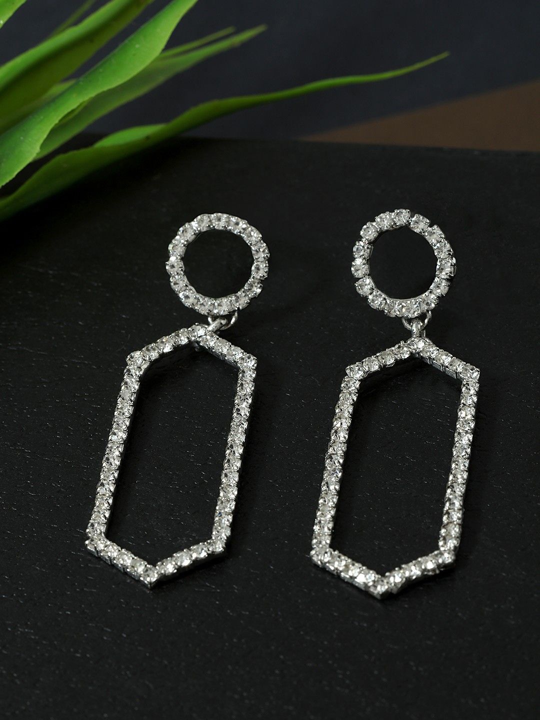 

DressBerry Silver-Plated Rhinestone Studded Geometric Shaped Drop Earrings