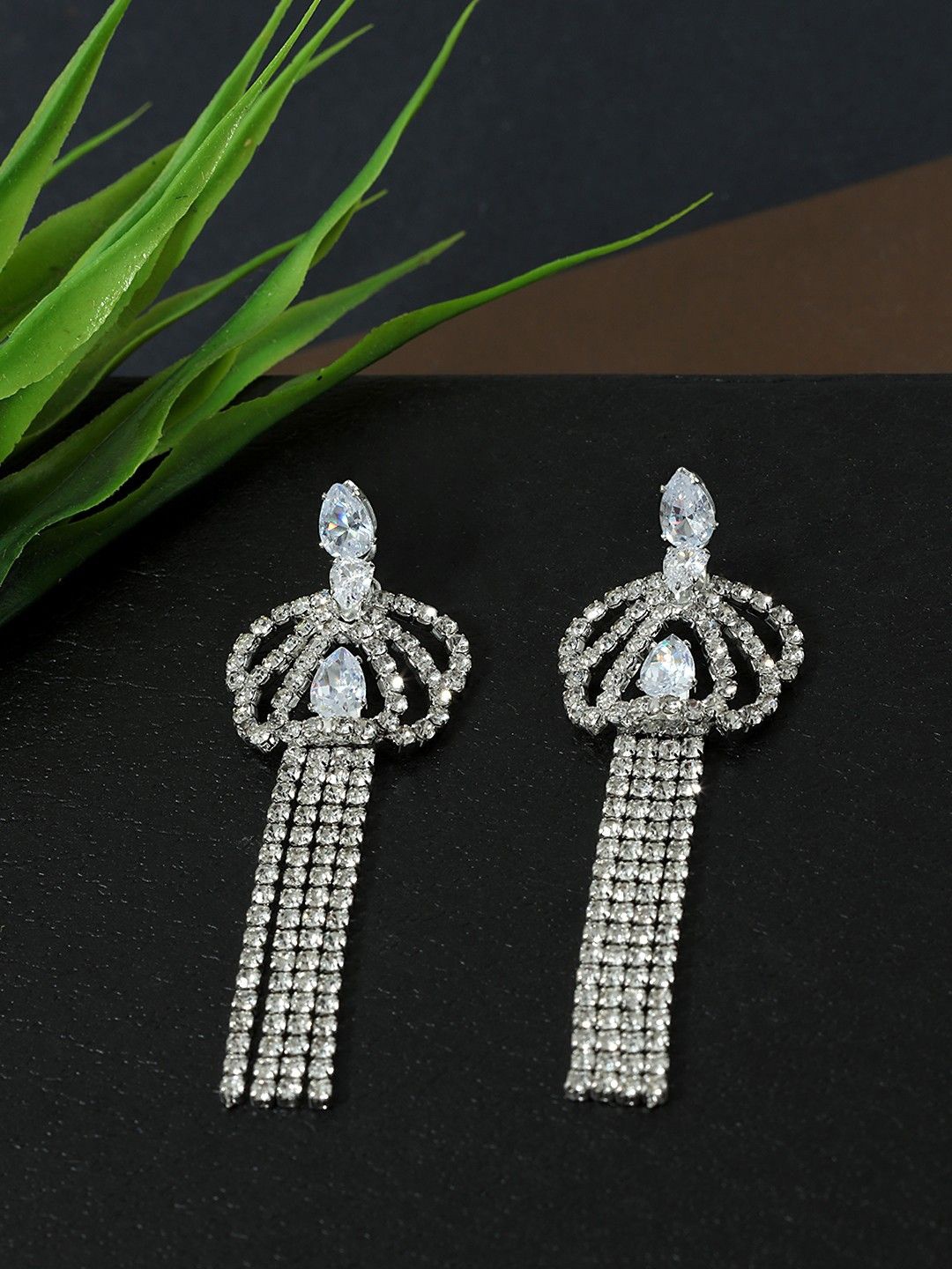 

DressBerry Silver-Plated Rhinestone Studded Contemporary Shaped Tasselled Drop Earrings