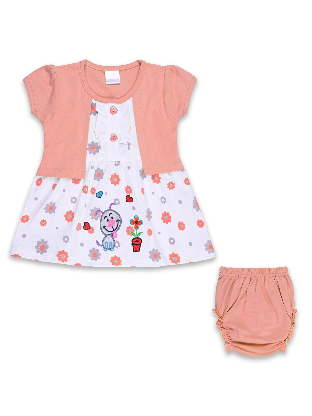

Wish Karo Girls Floral Printed Cotton A-Line Dress With Brief, Peach