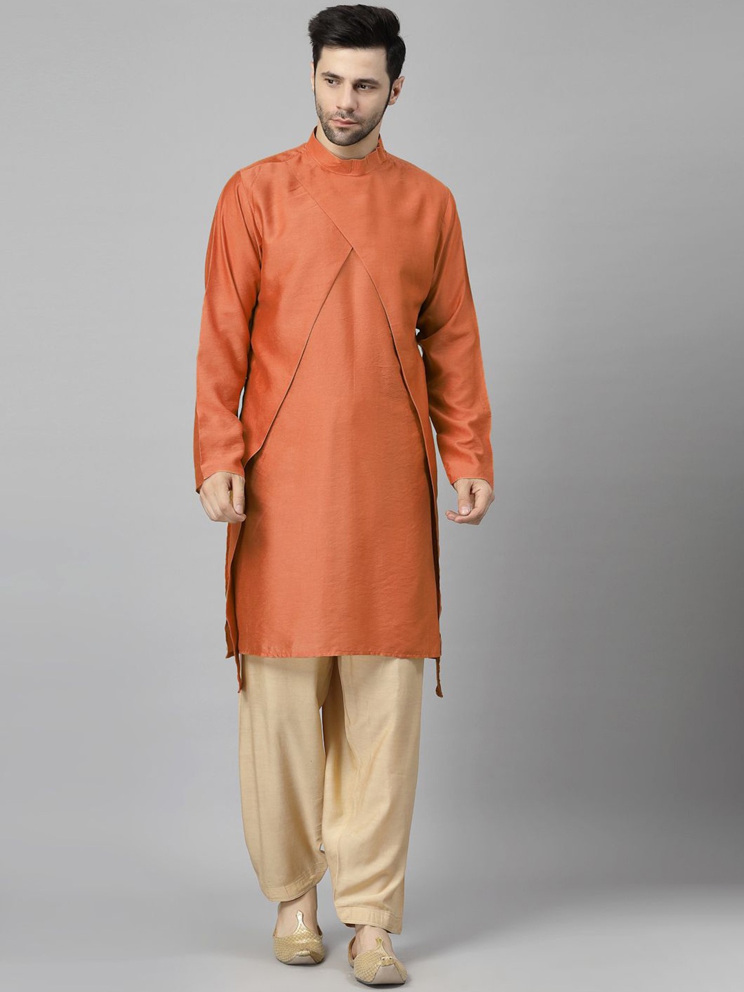 Utsav Fashion Stand Collar Layered Straight Kurta with Pyjama, Rust