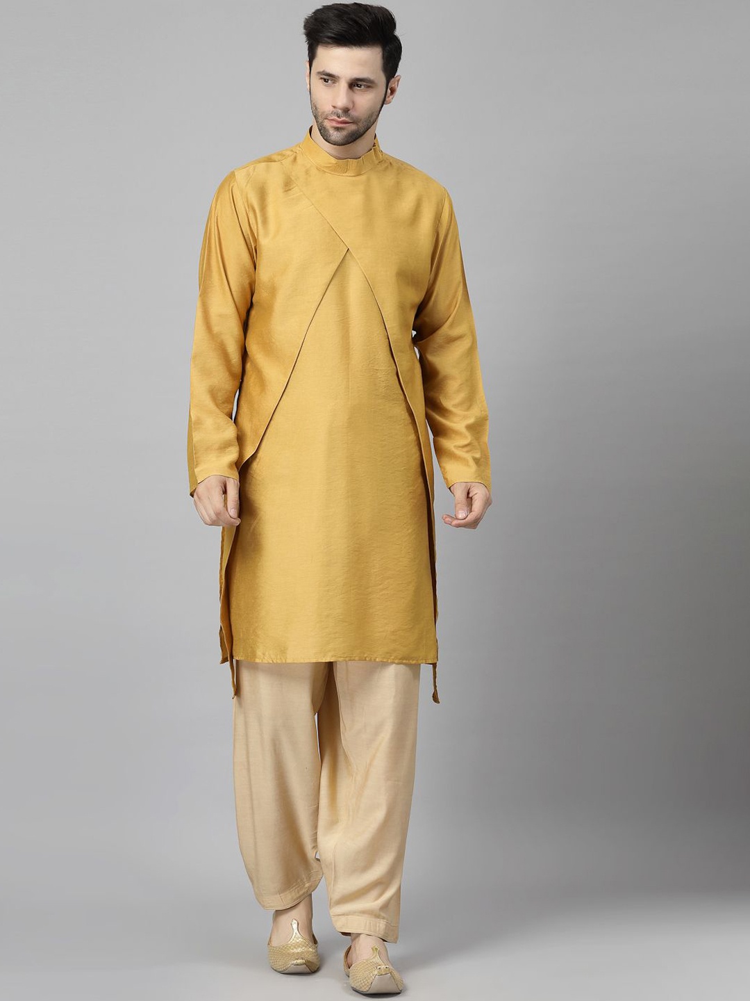 Utsav Fashion Mandarin Collar Layered Art Silk Straight Kurta with Pyjamas, Mustard