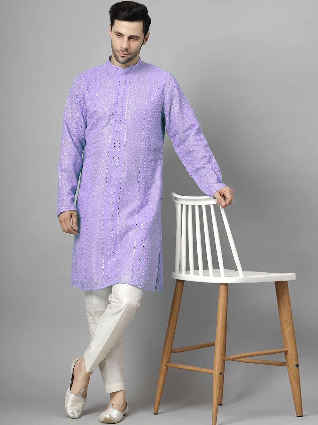 

Utsav Fashion Embroidered Mirror Work Mandarin Collar Straight Kurta With Pyjamas, Purple