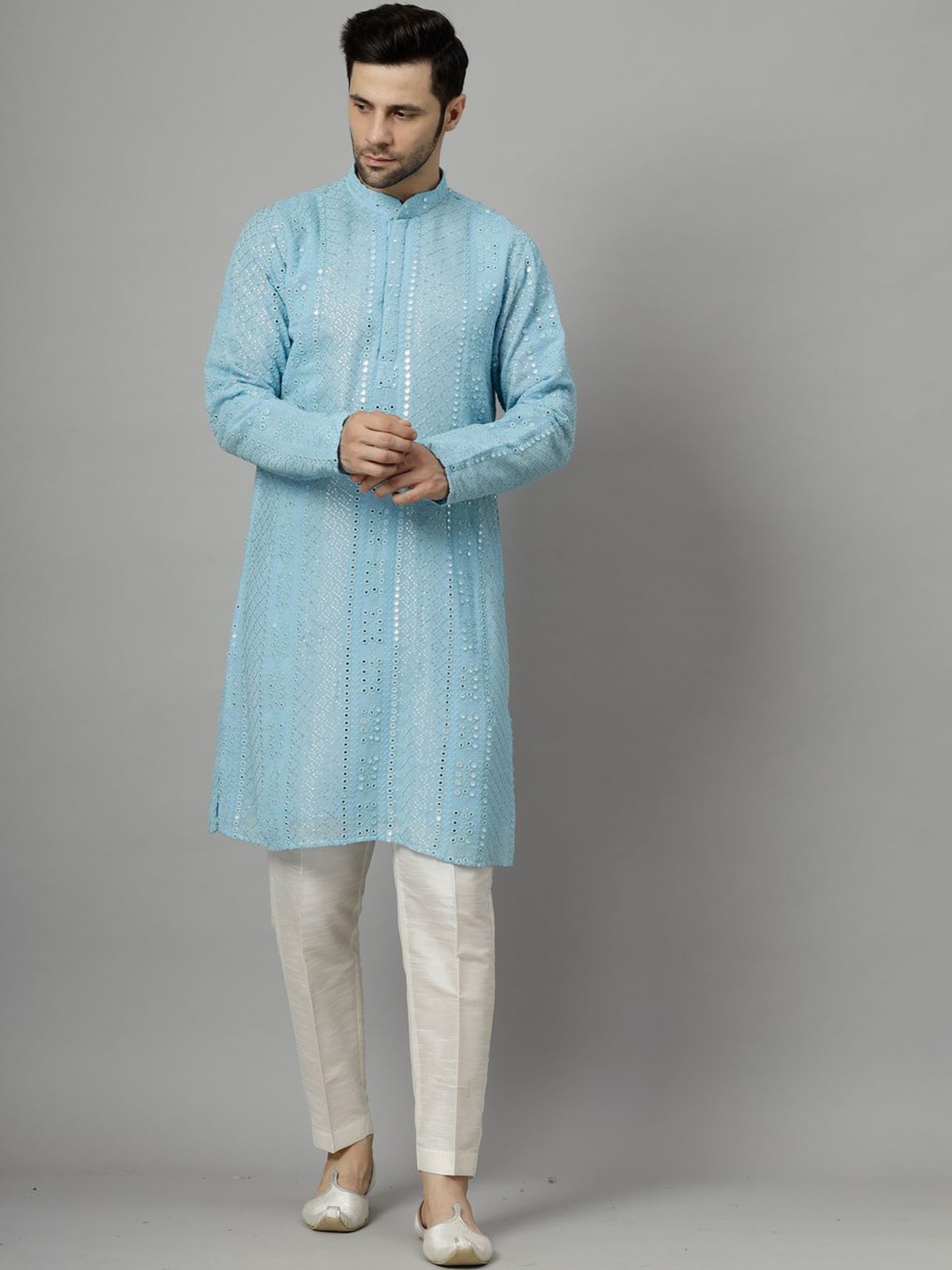 

Utsav Fashion Embroidered Mirror Work Mandarin Collar Straight Kurta With Pyjamas, Blue