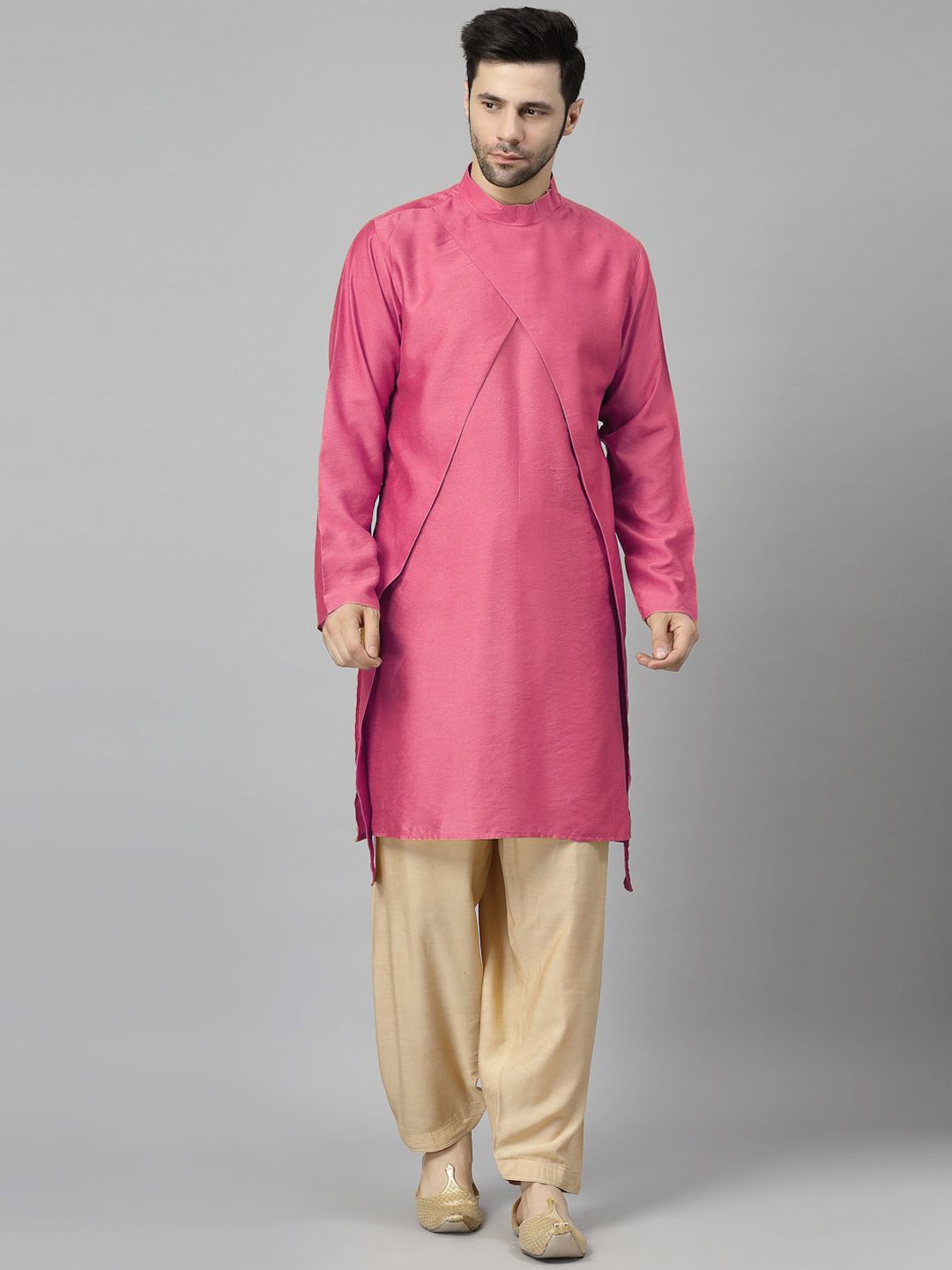 

Utsav Fashion Mandarin Collar Layered Art Silk Straight Kurta with Pyjama, Pink