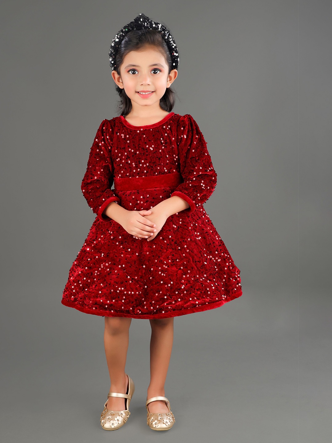 

YK Girls Sequined Puff Sleeve Velvet Fit & Flare Dress, Maroon