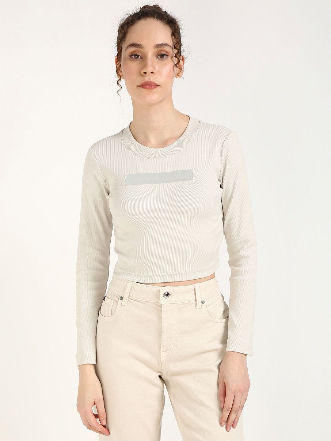 

Calvin Klein Jeans Women Typography Printed Round Neck Cotton T-shirt, Grey