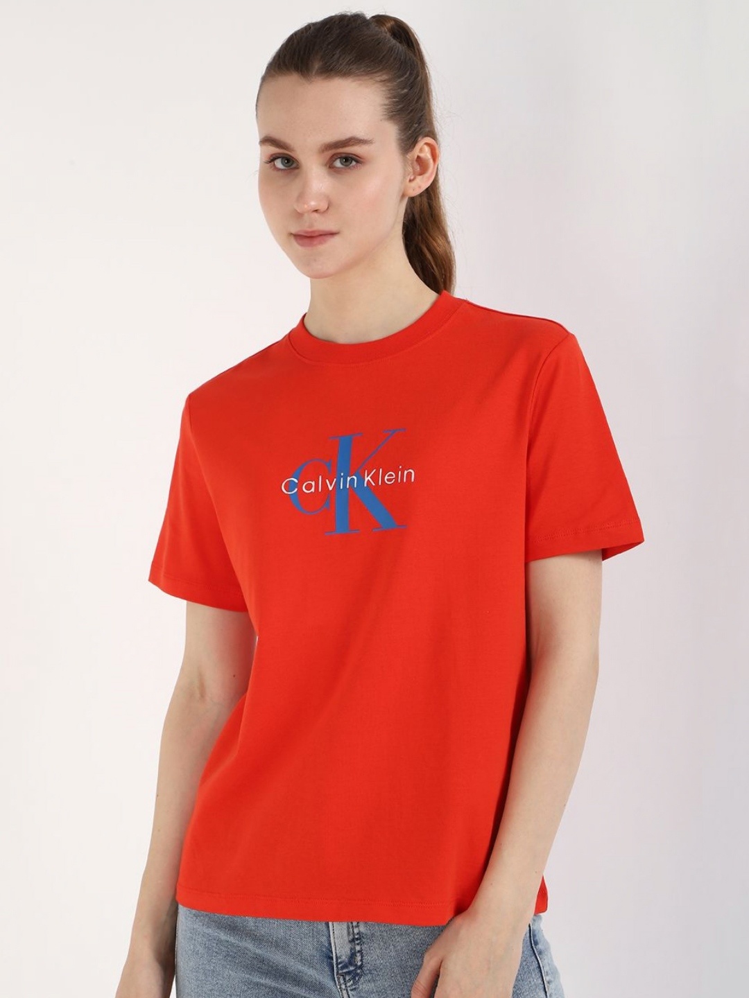

Calvin Klein Jeans Women Typography Printed Round Neck Cotton T-shirt, Red