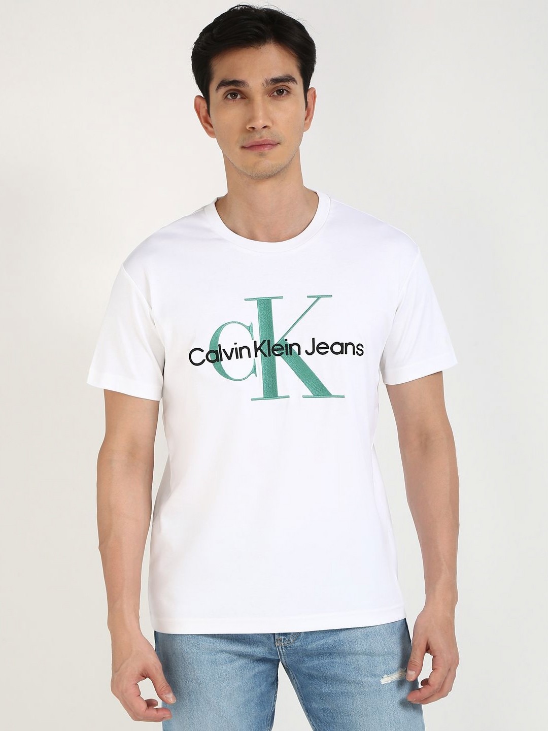 

Calvin Klein Jeans Men Typography Printed Round Neck Cotton T-shirt, White