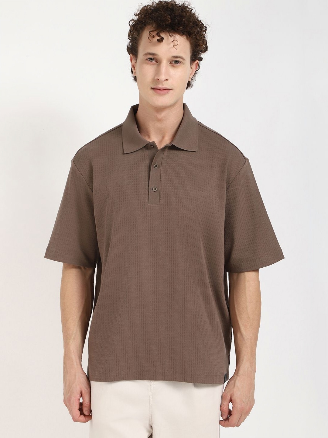 

Calvin Klein Jeans Men Self Design Polo Collar Cotton Oversized T-shirt, Brown