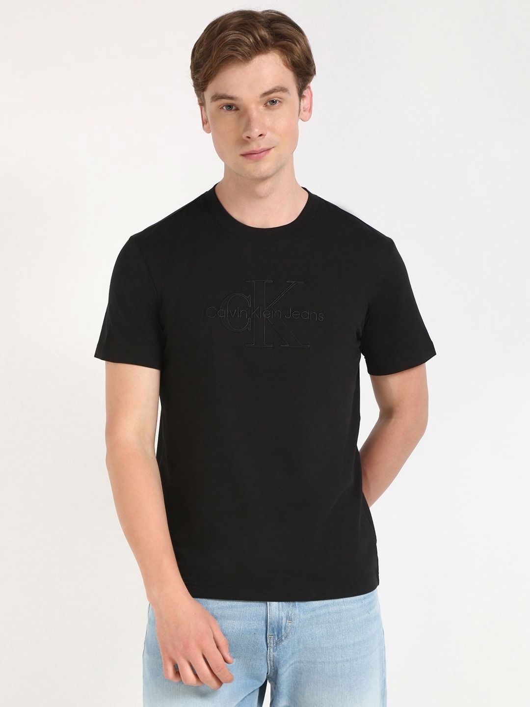 

Calvin Klein Jeans Men Typography Printed Round Neck Cotton T-shirt, Black