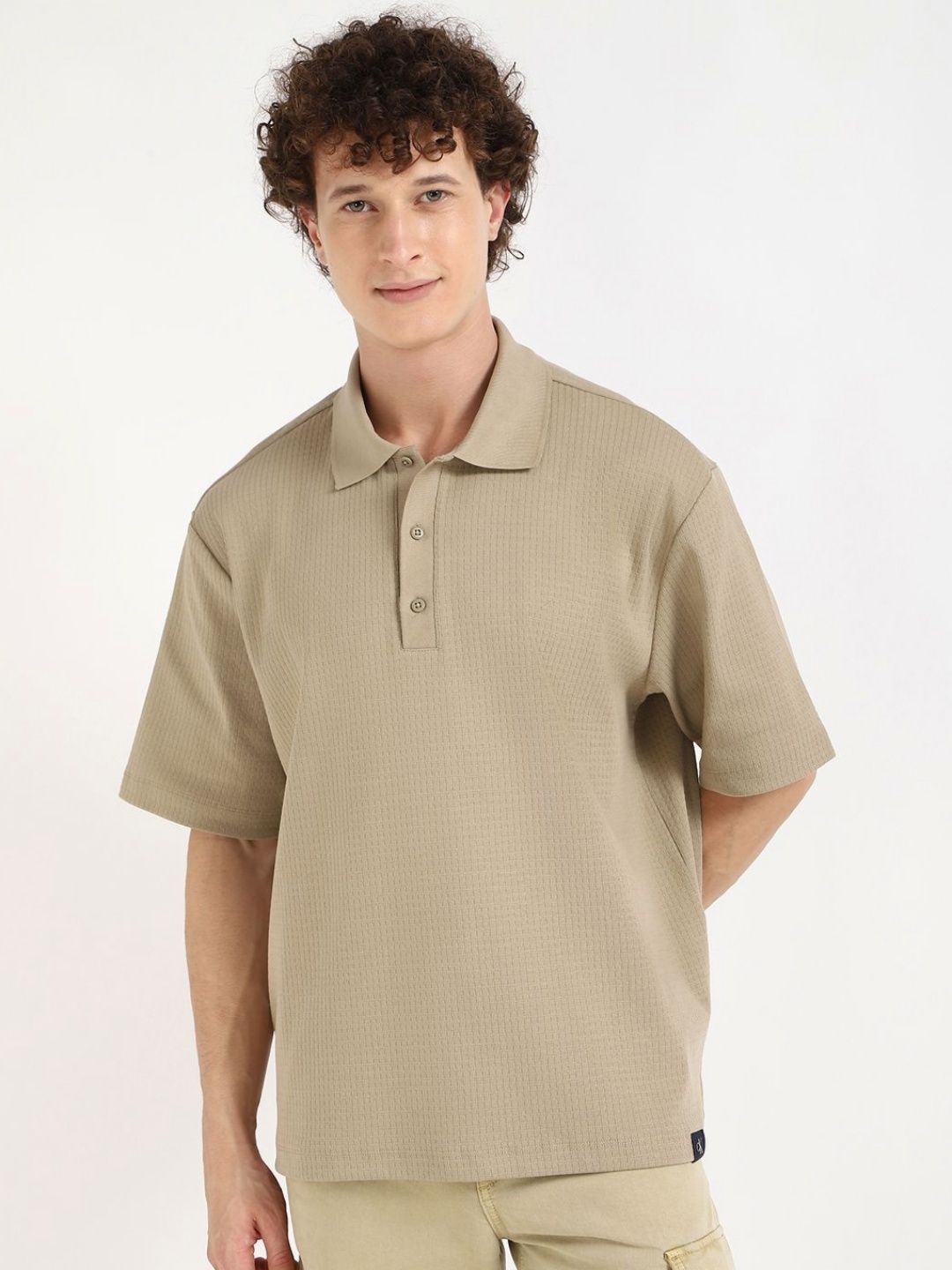 

Calvin Klein Jeans Men Self Design Polo Collar Cotton Oversized T-shirt, Beige