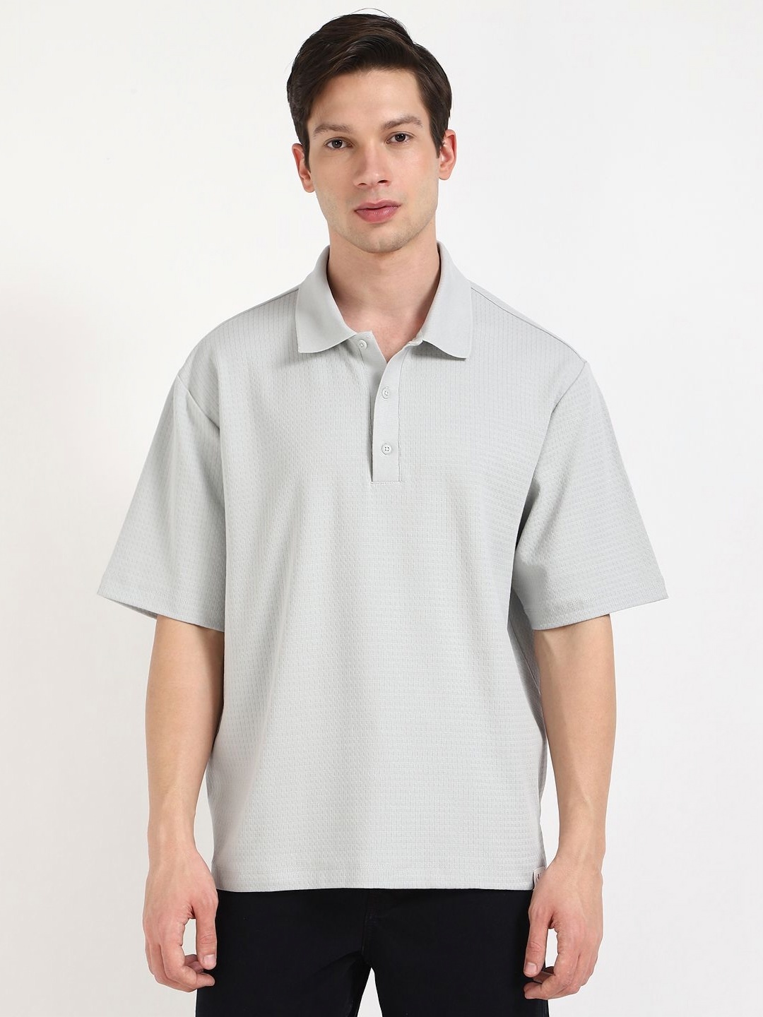 

Calvin Klein Jeans Men Self Design Polo Collar Cotton Oversized T-shirt, Grey