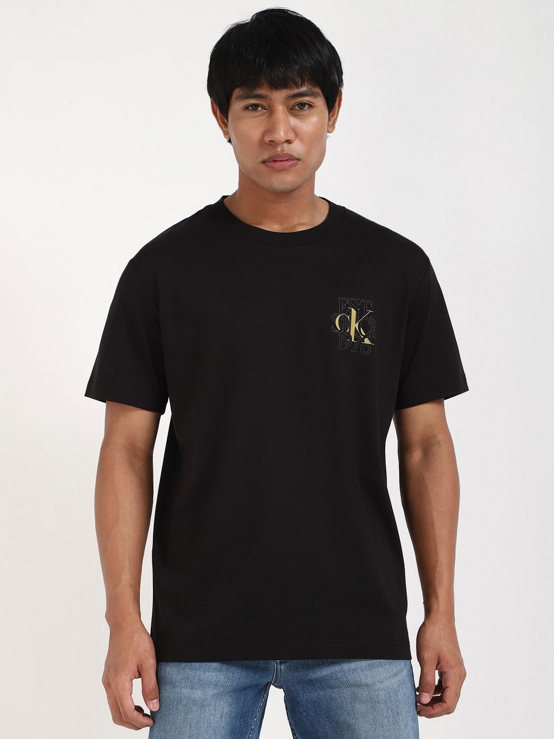 

Calvin Klein Jeans Men Typography Printed Round Neck Cotton T-shirt, Black